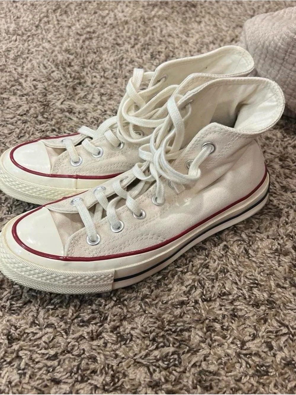 Converse White High Top Sneakers with Red and Black Trim - Picture 1 of 2